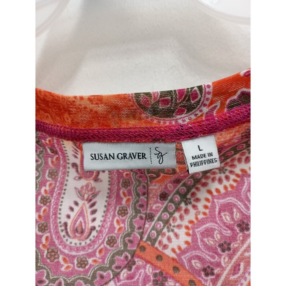 Susan Graver Womens Tank Top Size Large Orange Pink Paisley BOHO Beach - Picture 4 of 7